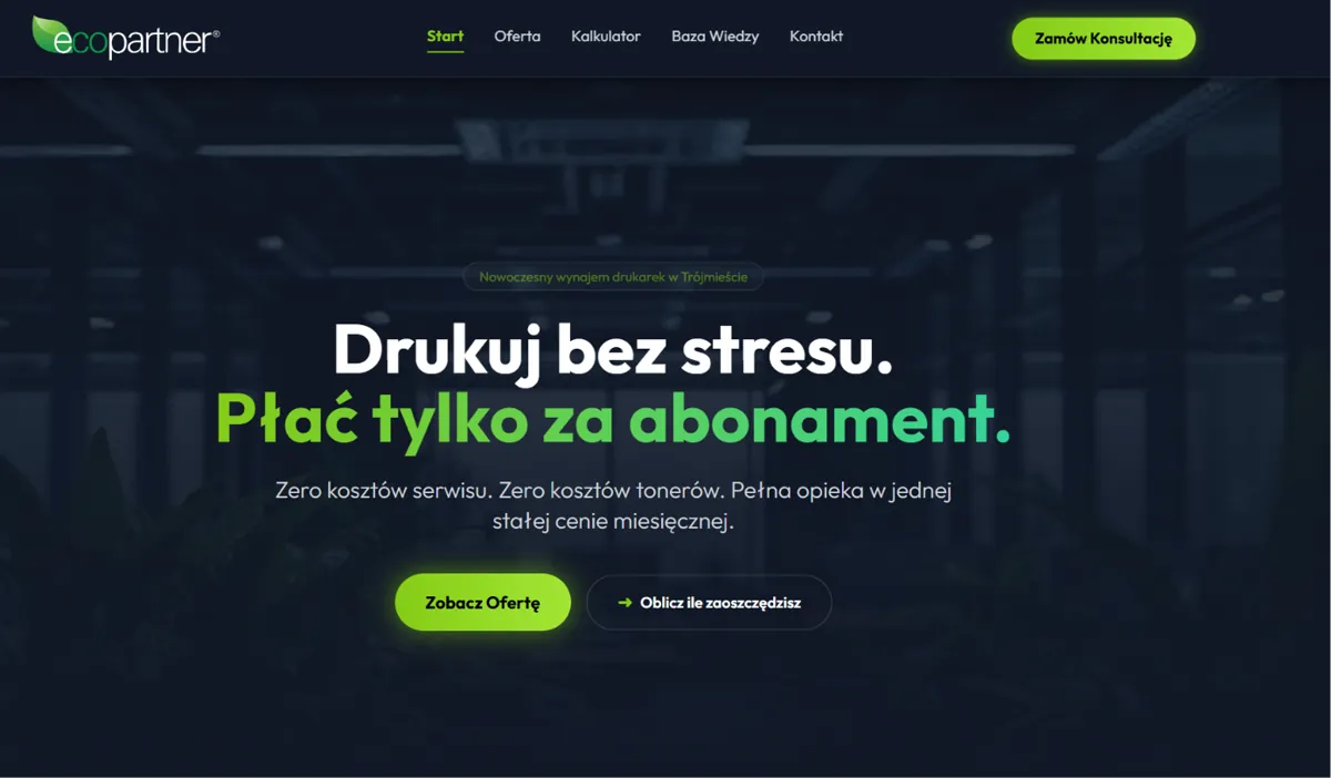 Zrzut ekranu strony Drukarki Wynajem (drukarkiwynajem.pl)
